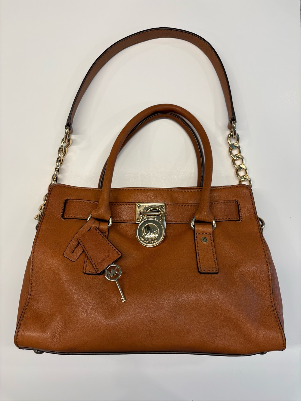 Michael Kors Hamilton Brown Leather Satchel Handbag with Gold Hardware